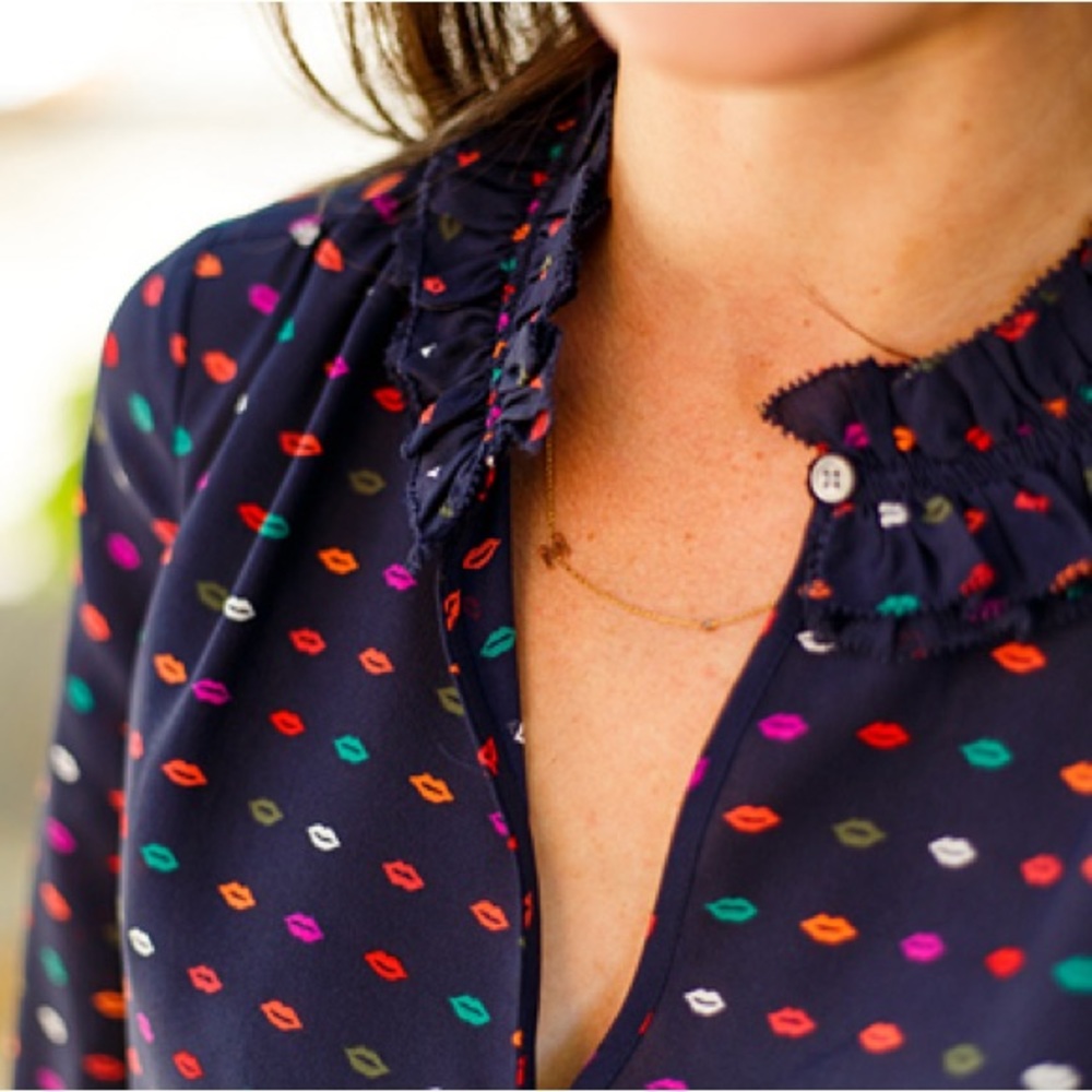 J. CREW Navy Blue Ruffle-Neck Silk Top with Multicolored Lips Print
